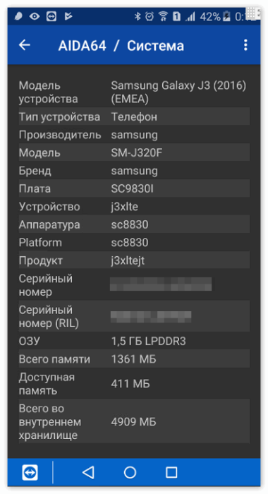 Вкладка Система в Aida 64 для Android